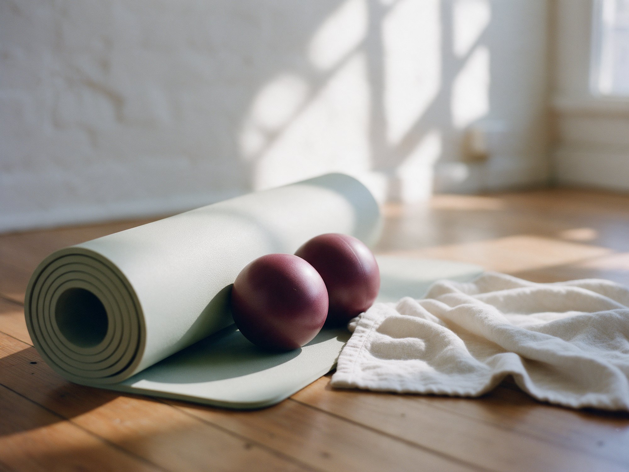 Illustrative studio still life of a sage mat, burgundy Pilates balls and a linen blanket